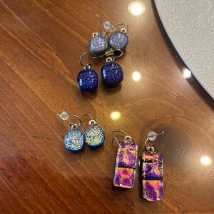 Handmade Iridescent Blue and Purple Dichroic Glass Earrings - Set of 4